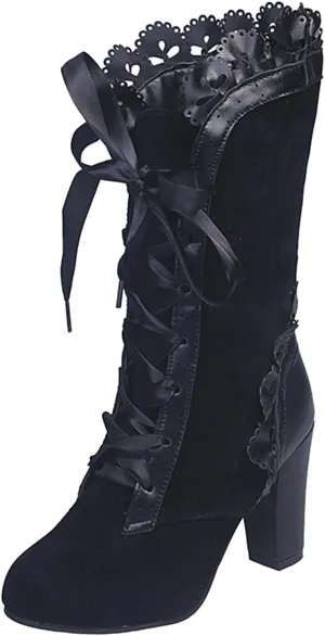 Mid Calf Boots for Women Dressy,Lace Up Victorian Boots Gothic Cosplay High Heels Shoes Fall Boots for Women 2024