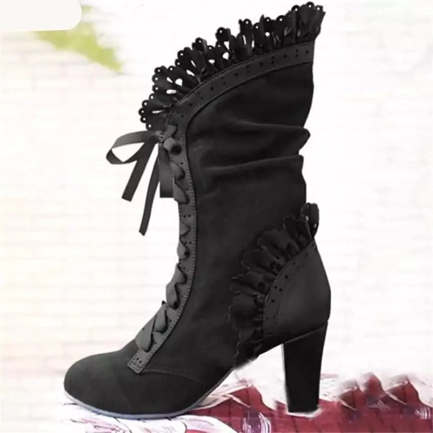 Mid Calf Boots for Women Dressy,Lace Up Victorian Boots Gothic Cosplay High Heels Shoes Fall Boots for Women 2024