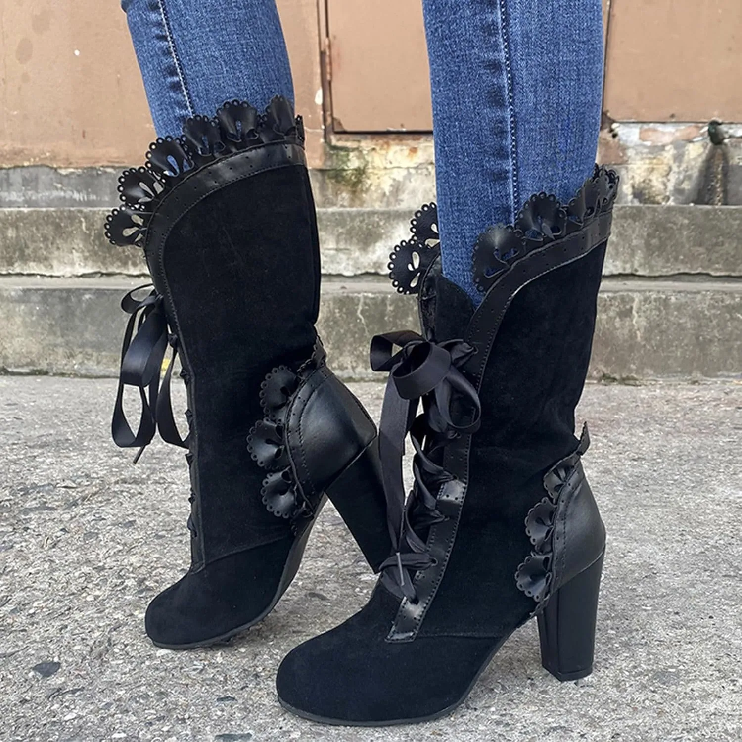 Mid Calf Boots for Women Dressy,Lace Up Victorian Boots Gothic Cosplay High Heels Shoes Fall Boots for Women 2024