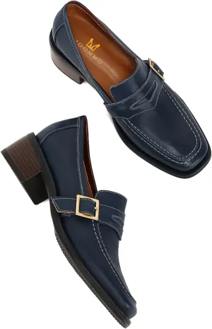 MOOMMO Women Blue Chunky Heel Penny Loafers Square Toe Buckle Slip On 2 Inch Stacked Block Heel Dress Loafers Oxfords Office Ladies Comfortable Vintage Loafer Pumps Matte Navy Size 8.5 M US