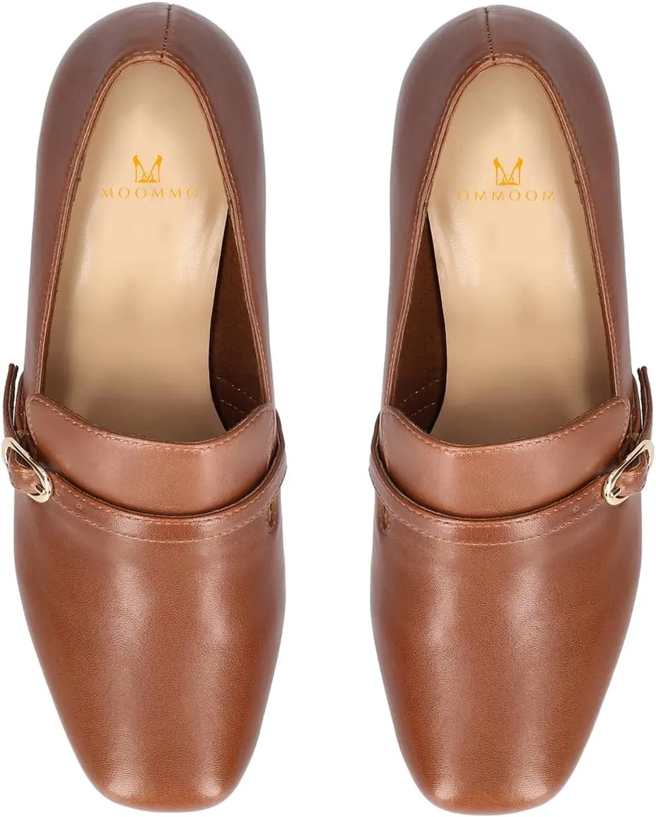 MOOMMO Women Chunky Block Heel Loafers Pumps Suede Square Closed Toe Slip On Buckle Strap Loafers Shoes Cutout Stacked Heels Office Shoes Matte Leather Ladies Formal Work Wedding Party 4-11 M US