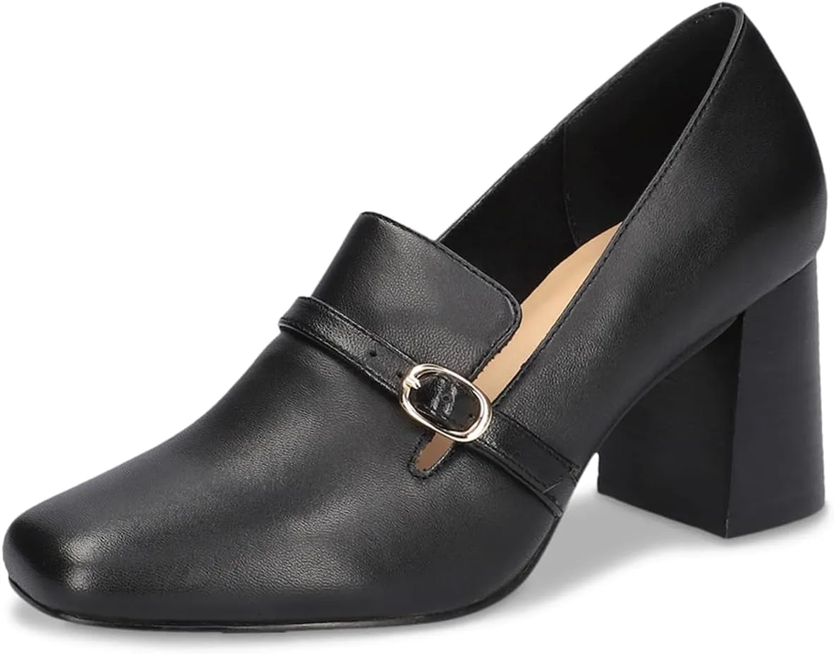 MOOMMO Women Chunky Block Heel Loafers Pumps Suede Square Closed Toe Slip On Buckle Strap Loafers Shoes Cutout Stacked Heels Office Shoes Matte Leather Ladies Formal Work Wedding Party 4-11 M US