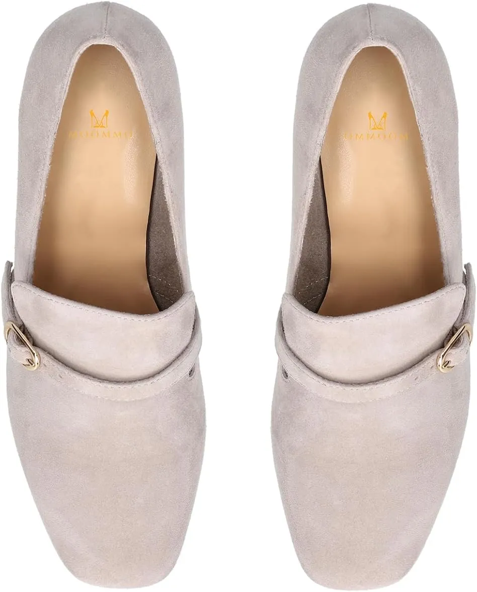 MOOMMO Women Chunky Block Heel Loafers Pumps Suede Square Closed Toe Slip On Buckle Strap Loafers Shoes Cutout Stacked Heels Office Shoes Matte Leather Ladies Formal Work Wedding Party 4-11 M US