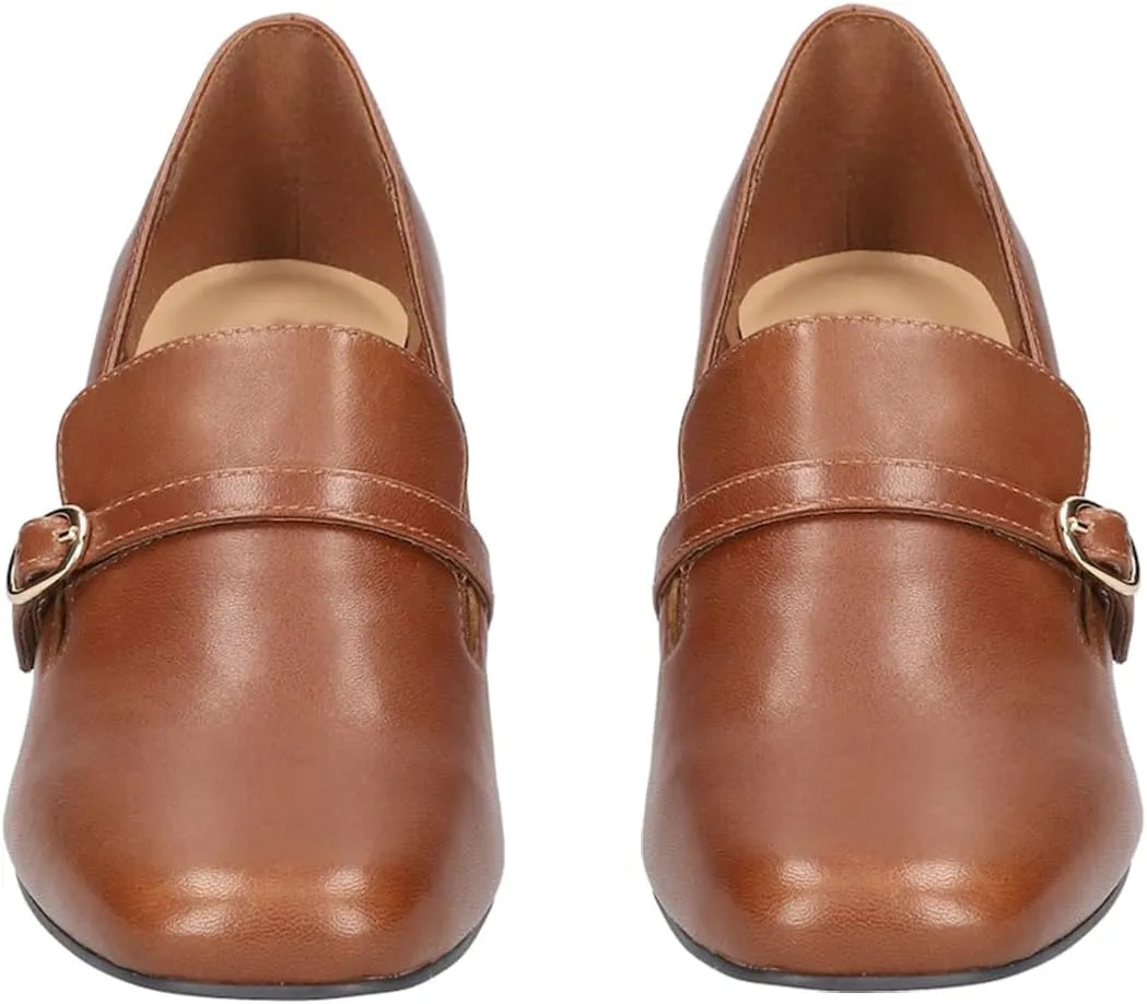 MOOMMO Women Chunky Block Heel Loafers Pumps Suede Square Closed Toe Slip On Buckle Strap Loafers Shoes Cutout Stacked Heels Office Shoes Matte Leather Ladies Formal Work Wedding Party 4-11 M US