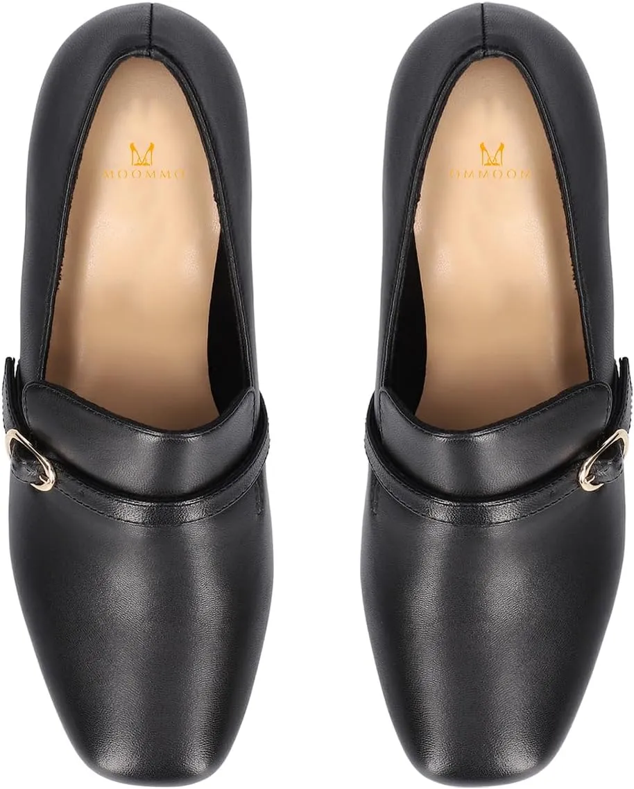 MOOMMO Women Chunky Block Heel Loafers Pumps Suede Square Closed Toe Slip On Buckle Strap Loafers Shoes Cutout Stacked Heels Office Shoes Matte Leather Ladies Formal Work Wedding Party 4-11 M US