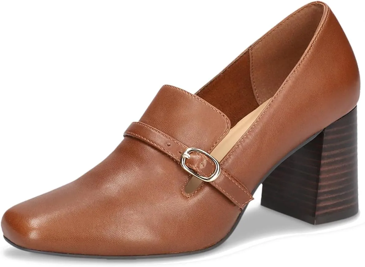 MOOMMO Women Chunky Block Heel Loafers Pumps Suede Square Closed Toe Slip On Buckle Strap Loafers Shoes Cutout Stacked Heels Office Shoes Matte Leather Ladies Formal Work Wedding Party 4-11 M US