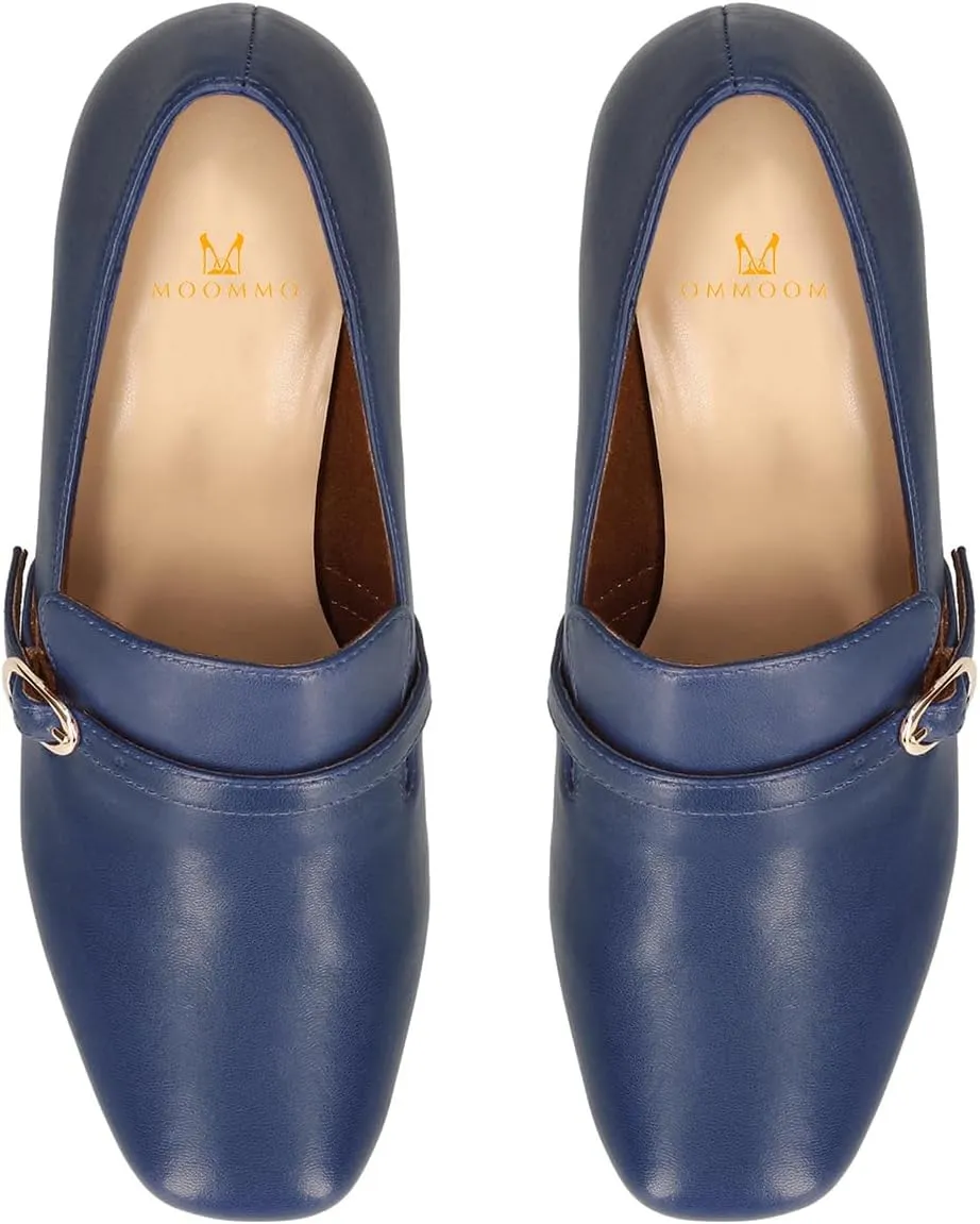 MOOMMO Women Chunky Block Heel Loafers Pumps Suede Square Closed Toe Slip On Buckle Strap Loafers Shoes Cutout Stacked Heels Office Shoes Matte Leather Ladies Formal Work Wedding Party 4-11 M US