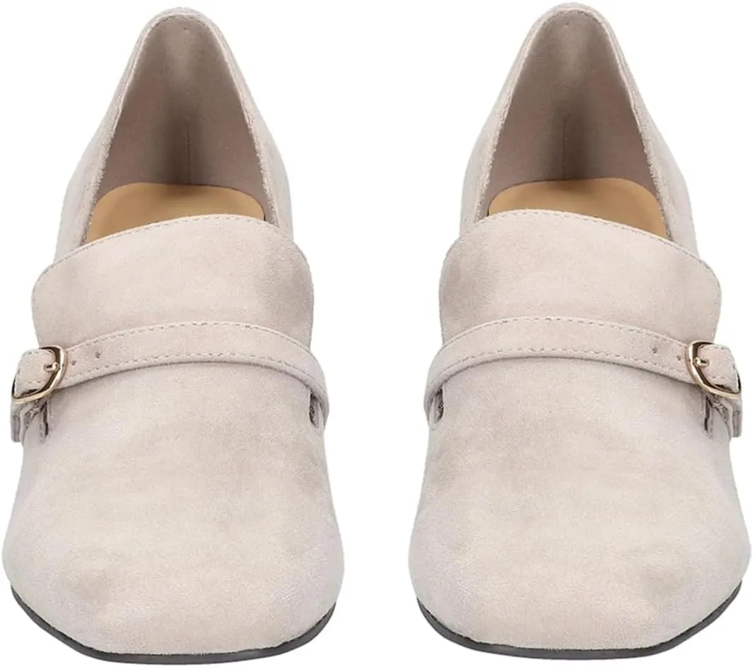 MOOMMO Women Chunky Block Heel Loafers Pumps Suede Square Closed Toe Slip On Buckle Strap Loafers Shoes Cutout Stacked Heels Office Shoes Matte Leather Ladies Formal Work Wedding Party 4-11 M US