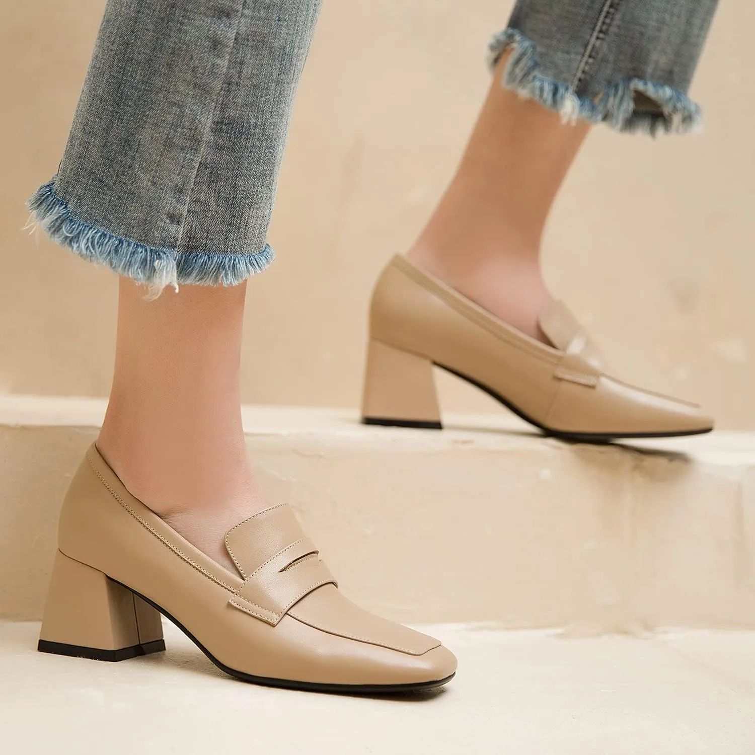 MOOMMO Women Chunky Mid Heel Loafers Square Toe Matte Leather Pumps Slip On 2.5 Inch Block Heels Closed Toe Retro Sandals Summer Comfort Office Casual Dress Shoes Size 4-11 M US