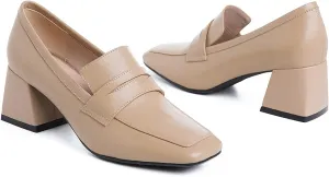 MOOMMO Women Chunky Mid Heel Loafers Square Toe Matte Leather Pumps Slip On 2.5 Inch Block Heels Closed Toe Retro Sandals Summer Comfort Office Casual Dress Shoes Size 4-11 M US