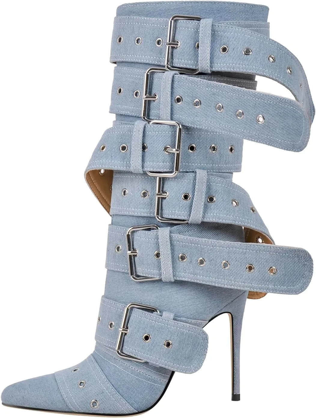 Multi Buckle Strap Mid Calf Boots Pointed Toe Belts Stiletto Heeled Boots