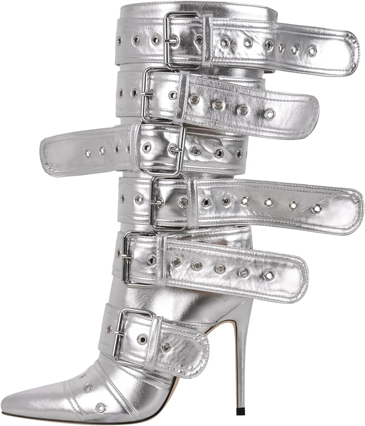 Multi Buckle Strap Mid Calf Boots Pointed Toe Belts Stiletto Heeled Boots