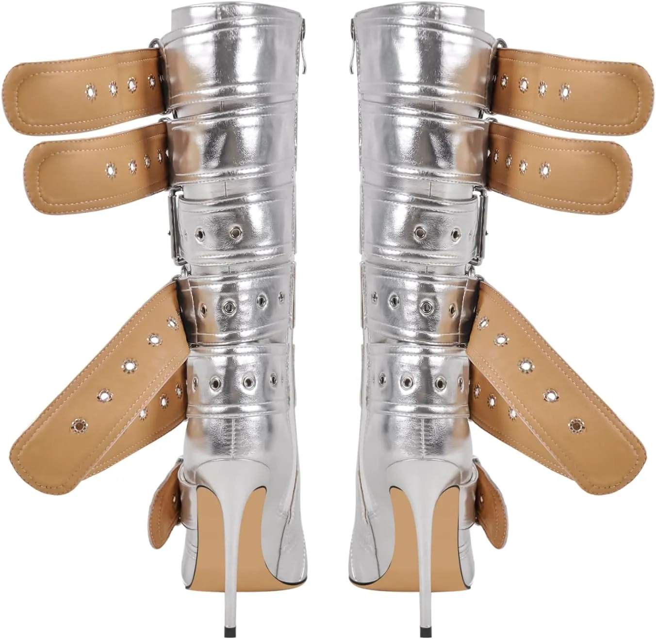 Multi Buckle Strap Mid Calf Boots Pointed Toe Belts Stiletto Heeled Boots