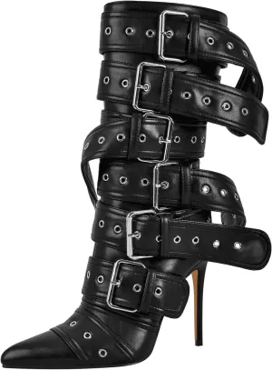 Multi Buckle Strap Mid Calf Boots Pointed Toe Belts Stiletto Heeled Boots
