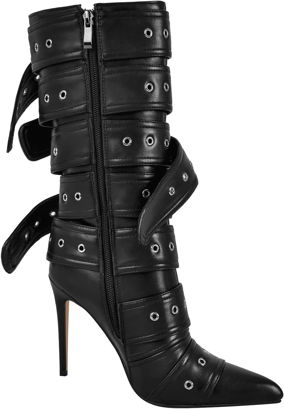Multi Buckle Strap Mid Calf Boots Pointed Toe Belts Stiletto Heeled Boots