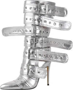 Multi Buckle Strap Mid Calf Boots Pointed Toe Belts Stiletto Heeled Boots