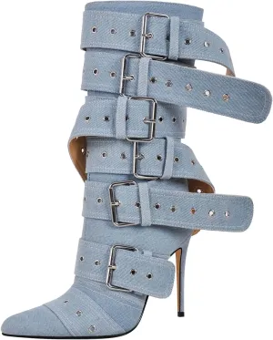 Multi Buckle Strap Mid Calf Boots Pointed Toe Belts Stiletto Heeled Boots