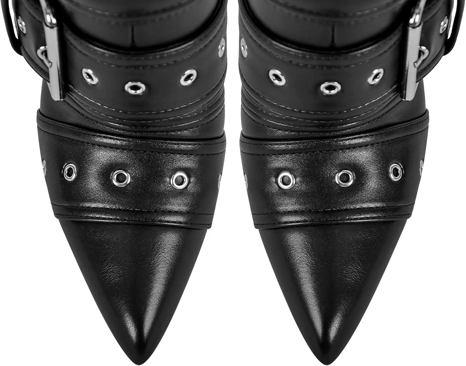 Multi Buckle Strap Mid Calf Boots Pointed Toe Belts Stiletto Heeled Boots