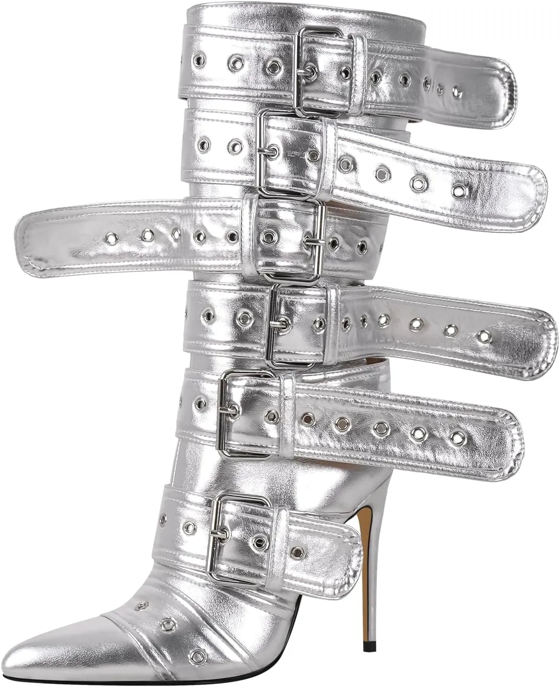 Multi Buckle Strap Mid Calf Boots Pointed Toe Belts Stiletto Heeled Boots