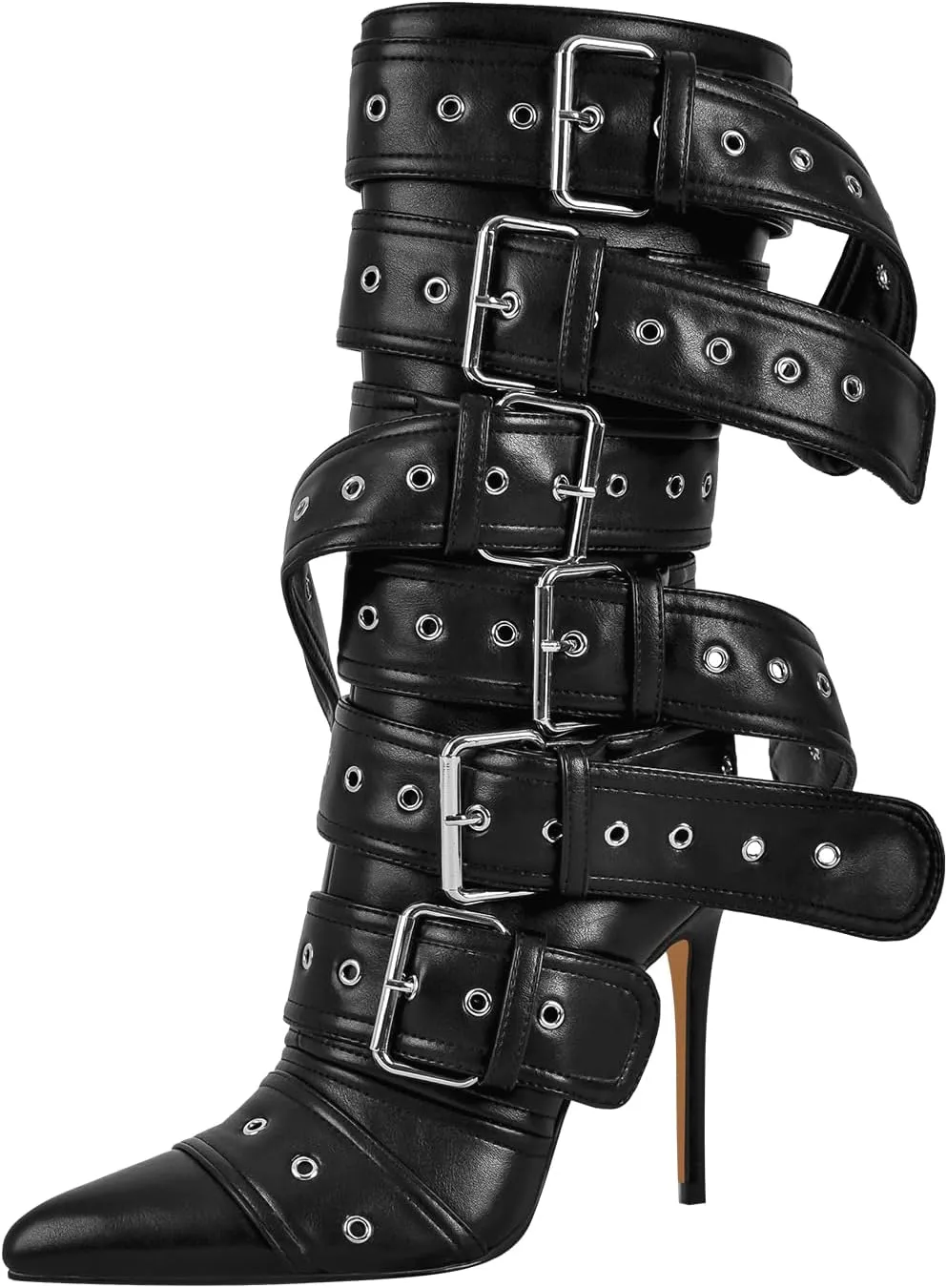 Multi Buckle Strap Mid Calf Boots Pointed Toe Belts Stiletto Heeled Boots