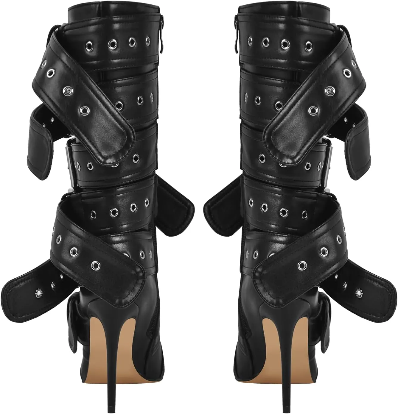 Multi Buckle Strap Mid Calf Boots Pointed Toe Belts Stiletto Heeled Boots