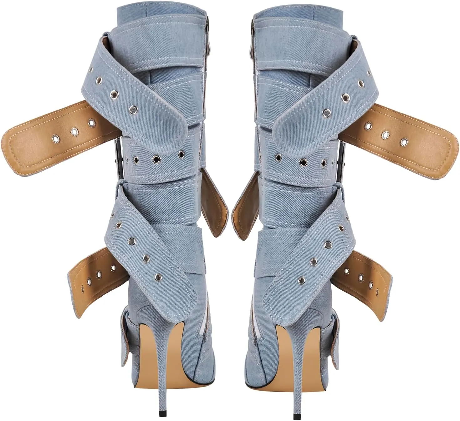 Multi Buckle Strap Mid Calf Boots Pointed Toe Belts Stiletto Heeled Boots