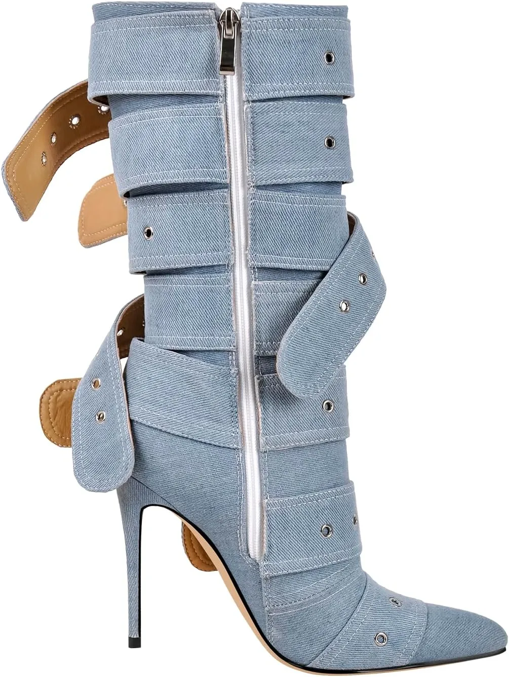 Multi Buckle Strap Mid Calf Boots Pointed Toe Belts Stiletto Heeled Boots