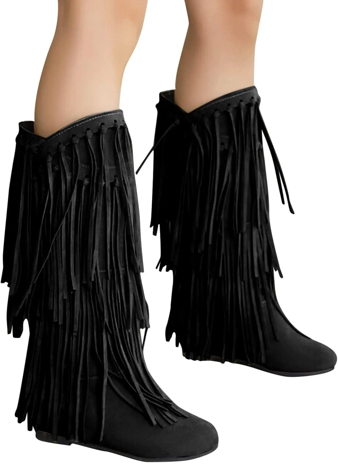 Optigard Women's Suede Plush Fringe Mid Calf Boots,Fashion Round Toe Pull On Retro Knee High Low Heel Dress Cowgirl Boots