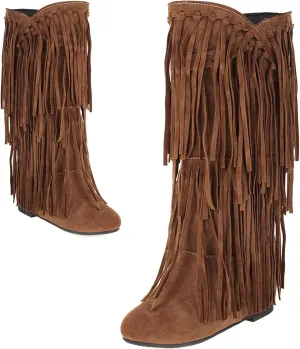 Optigard Women's Suede Plush Fringe Mid Calf Boots,Fashion Round Toe Pull On Retro Knee High Low Heel Dress Cowgirl Boots