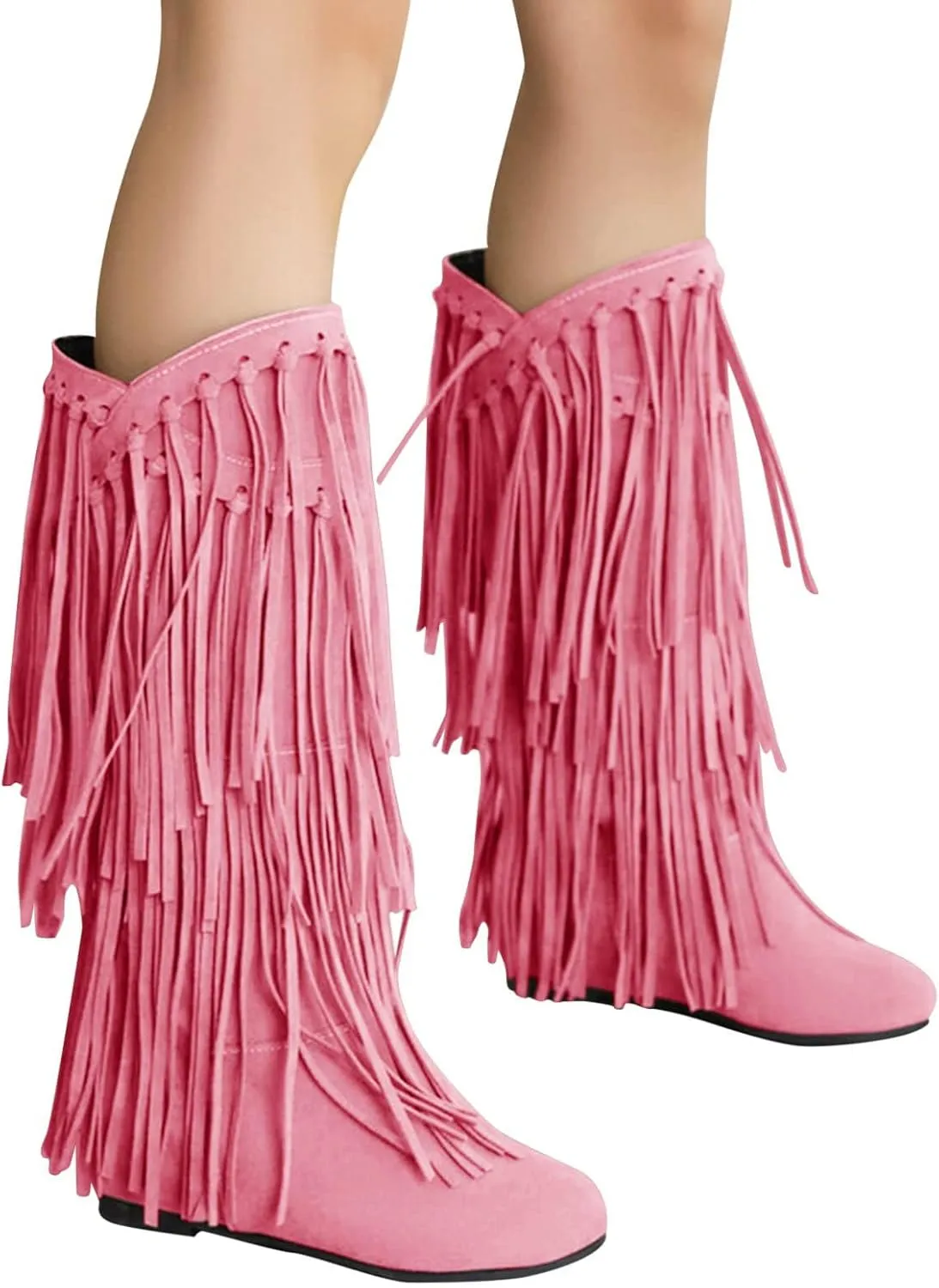 Optigard Women's Suede Plush Fringe Mid Calf Boots,Fashion Round Toe Pull On Retro Knee High Low Heel Dress Cowgirl Boots