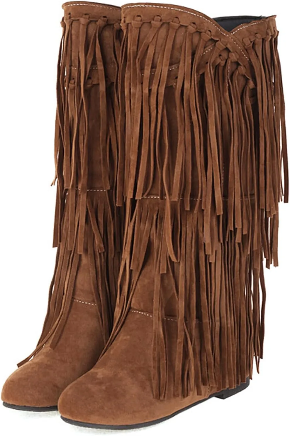 Optigard Women's Suede Plush Fringe Mid Calf Boots,Fashion Round Toe Pull On Retro Knee High Low Heel Dress Cowgirl Boots