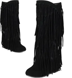 Optigard Women's Suede Plush Fringe Mid Calf Boots,Fashion Round Toe Pull On Retro Knee High Low Heel Dress Cowgirl Boots