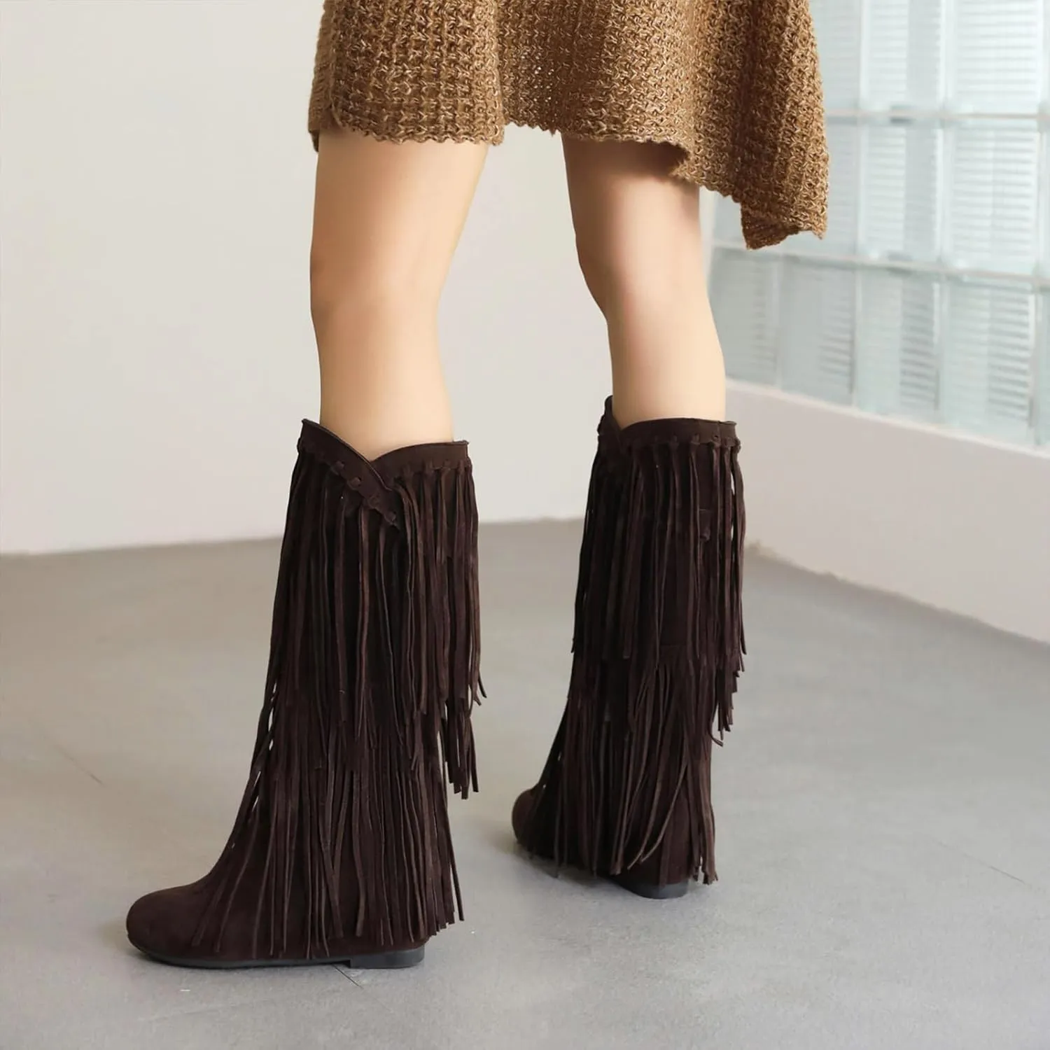 Optigard Women's Suede Plush Fringe Mid Calf Boots,Fashion Round Toe Pull On Retro Knee High Low Heel Dress Cowgirl Boots