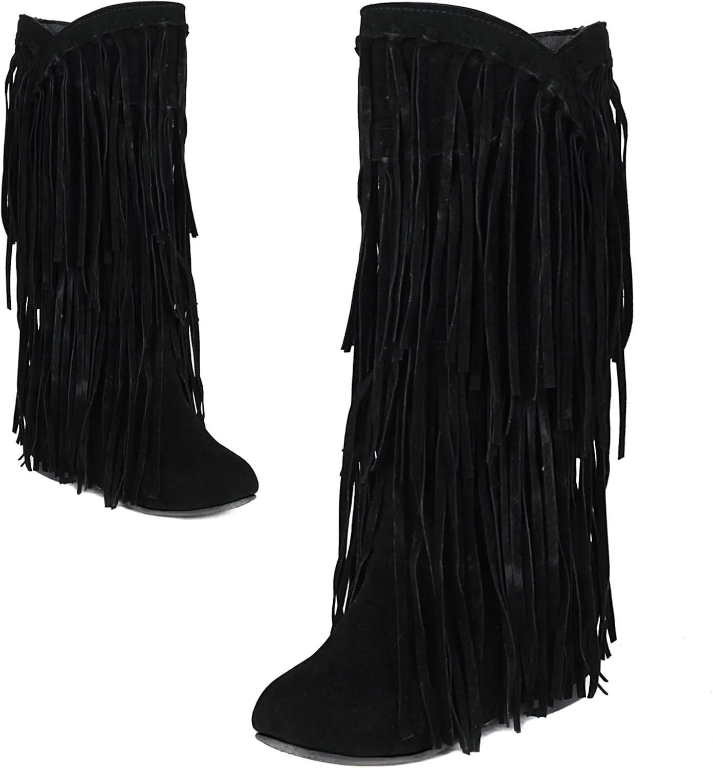Optigard Women's Suede Plush Fringe Mid Calf Boots,Fashion Round Toe Pull On Retro Knee High Low Heel Dress Cowgirl Boots