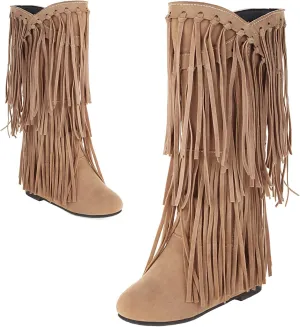 Optigard Women's Suede Plush Fringe Mid Calf Boots,Fashion Round Toe Pull On Retro Knee High Low Heel Dress Cowgirl Boots