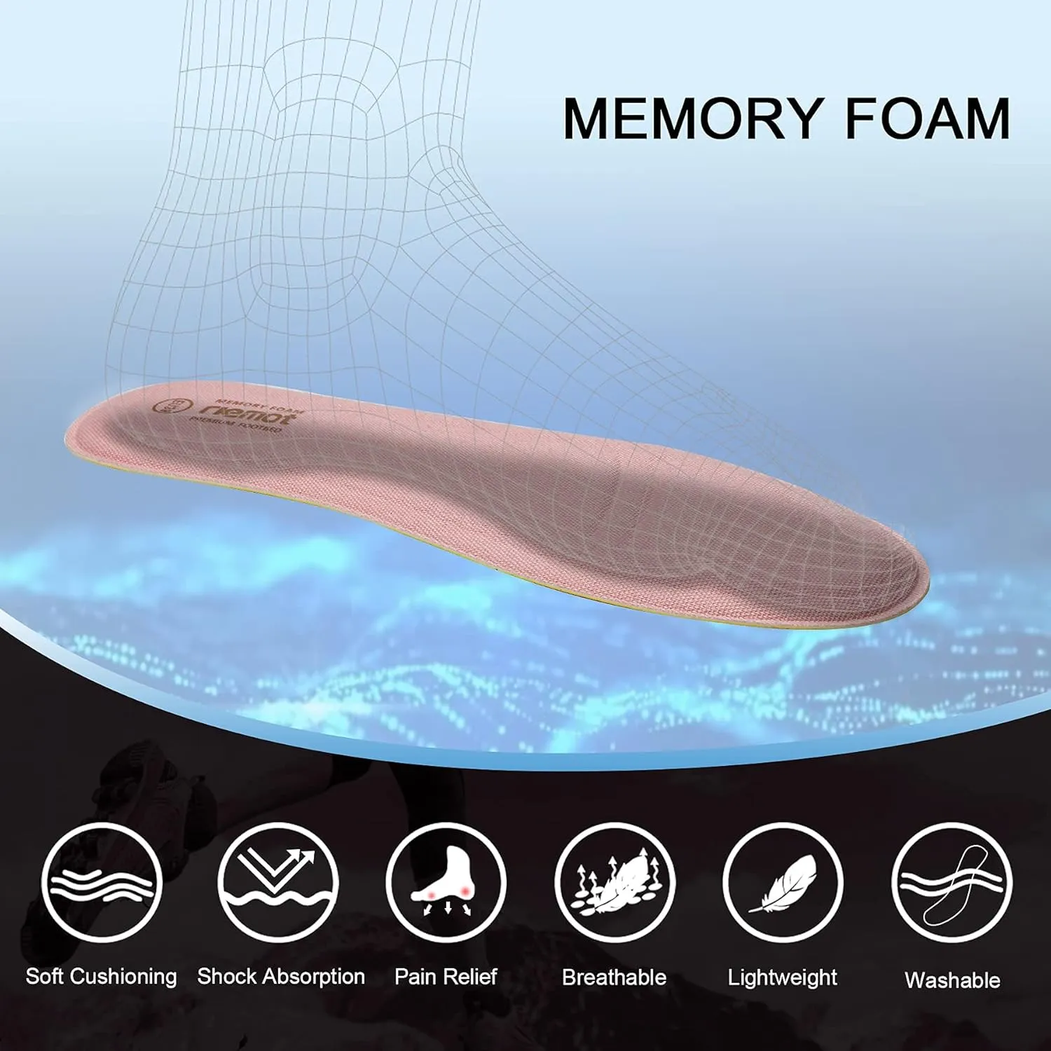 riemot Memory Foam Insoles for Women, Comfort Cushioning Shoe Inserts, Super Soft Replacement Innersoles for Sneakers Slippers Boots, Breathable Full Length Shoe Insoles Pink EU 39, 8 Women/6 Men