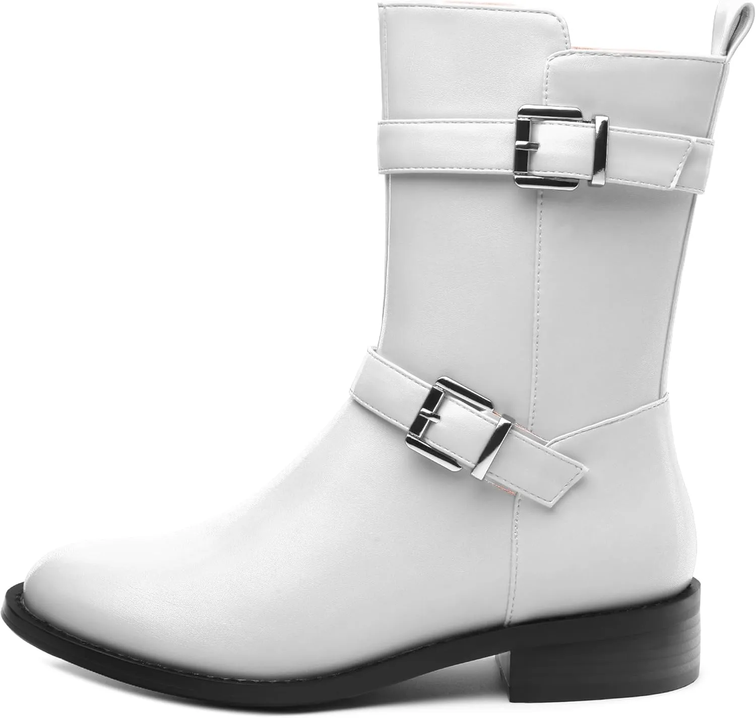 ROSERWISH Mid Calf Boots for Women Riding Ankle Boots Round Toe Low Chunky Heel Short Boots Fashion Fall Winter Combat Booties Buckle Style Dress Boots with Zipper