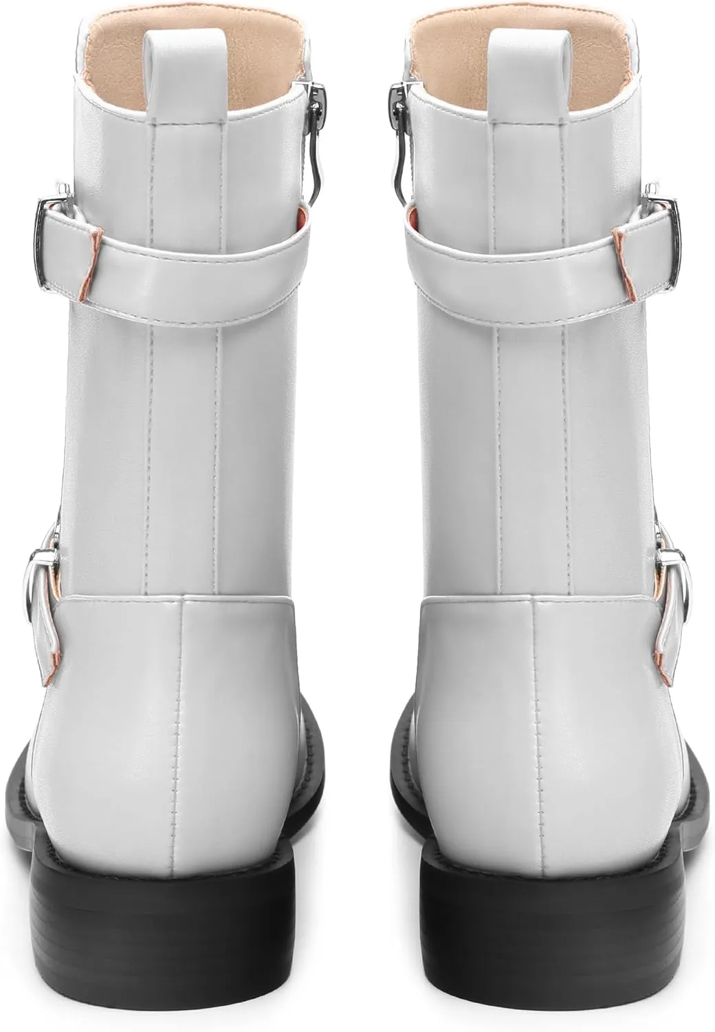 ROSERWISH Mid Calf Boots for Women Riding Ankle Boots Round Toe Low Chunky Heel Short Boots Fashion Fall Winter Combat Booties Buckle Style Dress Boots with Zipper