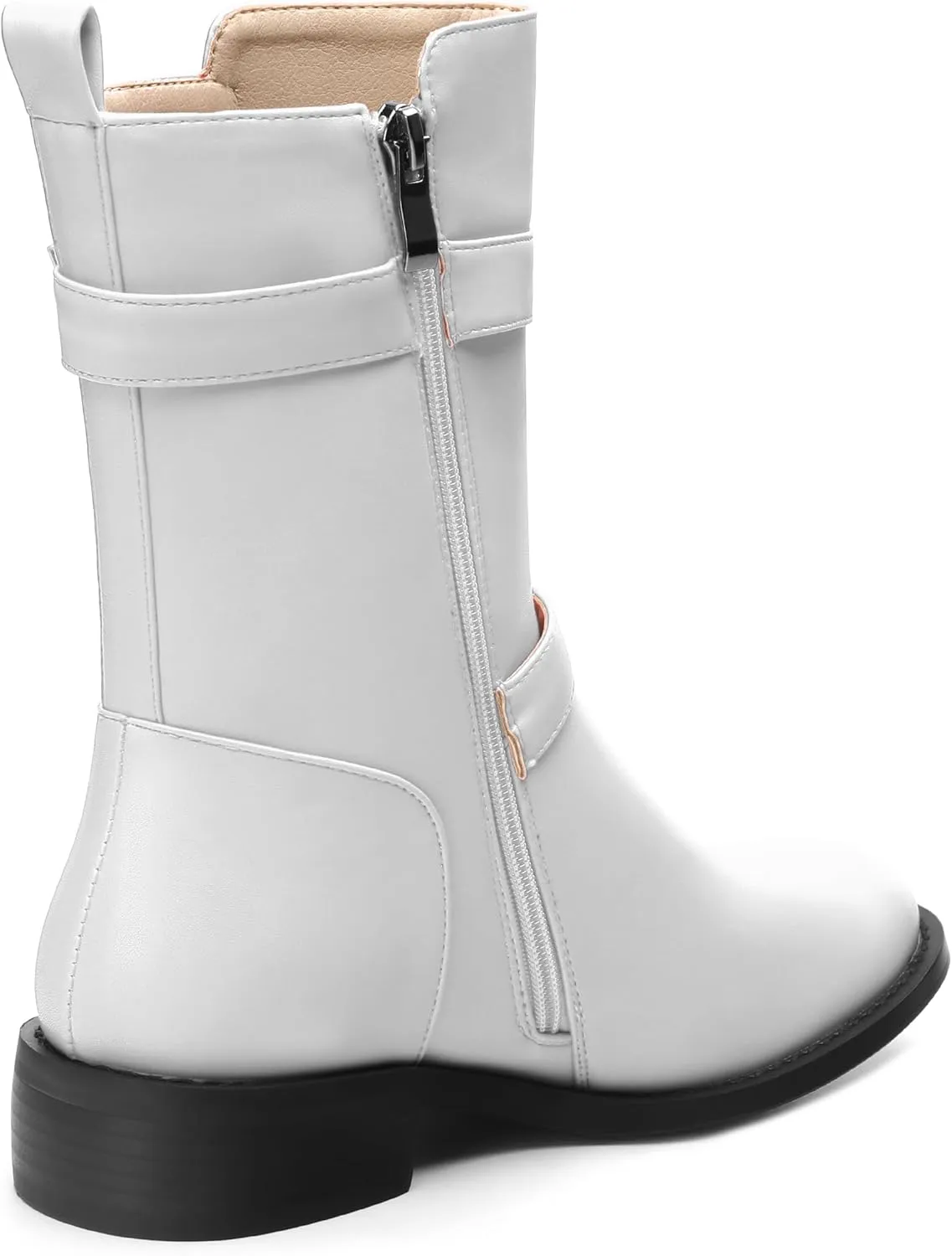 ROSERWISH Mid Calf Boots for Women Riding Ankle Boots Round Toe Low Chunky Heel Short Boots Fashion Fall Winter Combat Booties Buckle Style Dress Boots with Zipper