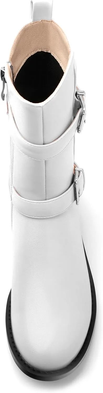 ROSERWISH Mid Calf Boots for Women Riding Ankle Boots Round Toe Low Chunky Heel Short Boots Fashion Fall Winter Combat Booties Buckle Style Dress Boots with Zipper