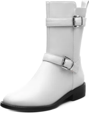 ROSERWISH Mid Calf Boots for Women Riding Ankle Boots Round Toe Low Chunky Heel Short Boots Fashion Fall Winter Combat Booties Buckle Style Dress Boots with Zipper