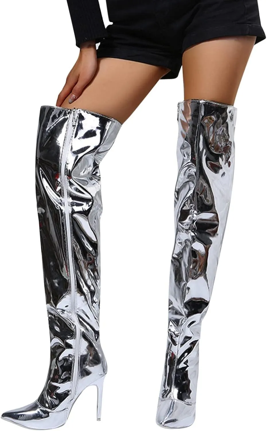 SACFOF Womens Thigh High Boots Sexy Stiletto Side Zipper Winter Over The Knee Boots Pointed Toe Wide Calf Long Boots