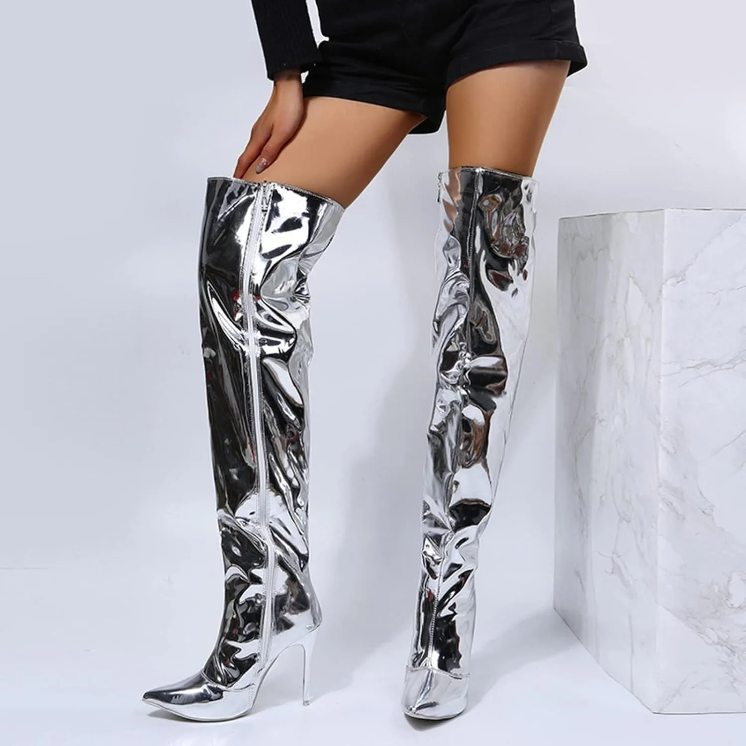 SACFOF Womens Thigh High Boots Sexy Stiletto Side Zipper Winter Over The Knee Boots Pointed Toe Wide Calf Long Boots