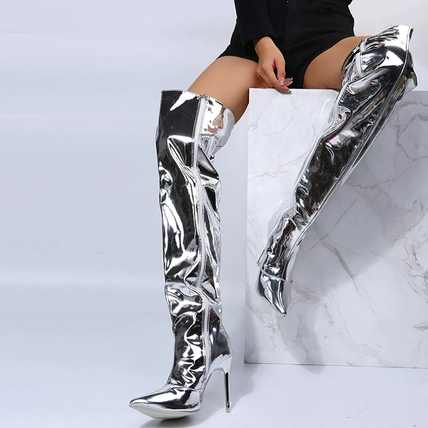 SACFOF Womens Thigh High Boots Sexy Stiletto Side Zipper Winter Over The Knee Boots Pointed Toe Wide Calf Long Boots