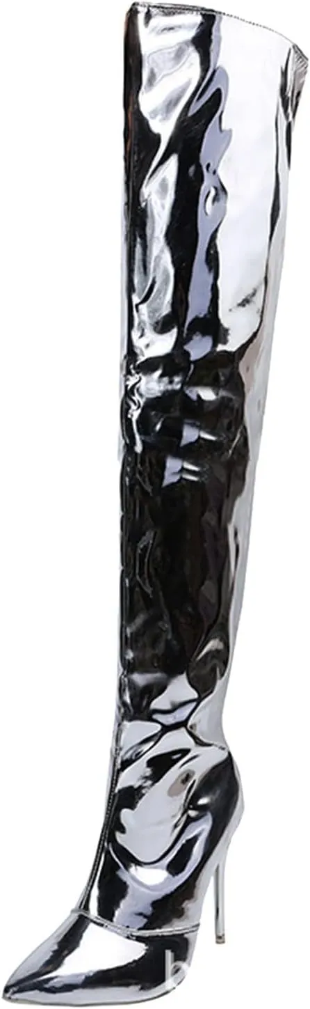SACFOF Womens Thigh High Boots Sexy Stiletto Side Zipper Winter Over The Knee Boots Pointed Toe Wide Calf Long Boots