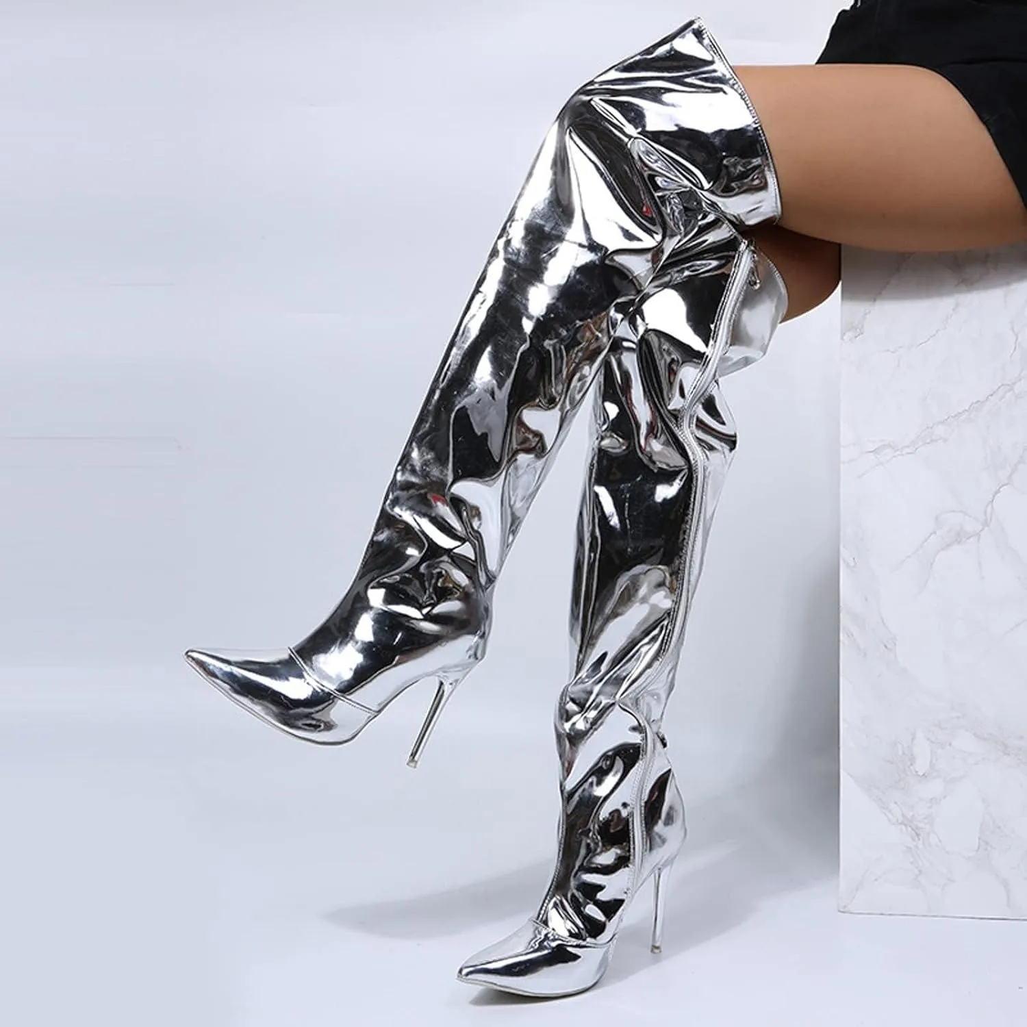 SACFOF Womens Thigh High Boots Sexy Stiletto Side Zipper Winter Over The Knee Boots Pointed Toe Wide Calf Long Boots