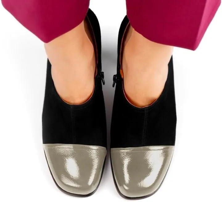 SHODENSE Women Chunky Heel Loafer Pumps Square Cap Toe Zipper Loafers Block Heels Two Tone Patent Suede 3 inch High Heeled Dress Loafers Slip On Comfort Vintage Office Party Casual 4-11 M US