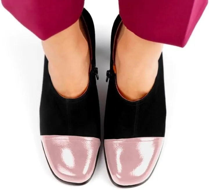 SHODENSE Women Chunky Heel Loafer Pumps Square Cap Toe Zipper Loafers Block Heels Two Tone Patent Suede 3 inch High Heeled Dress Loafers Slip On Comfort Vintage Office Party Casual 4-11 M US