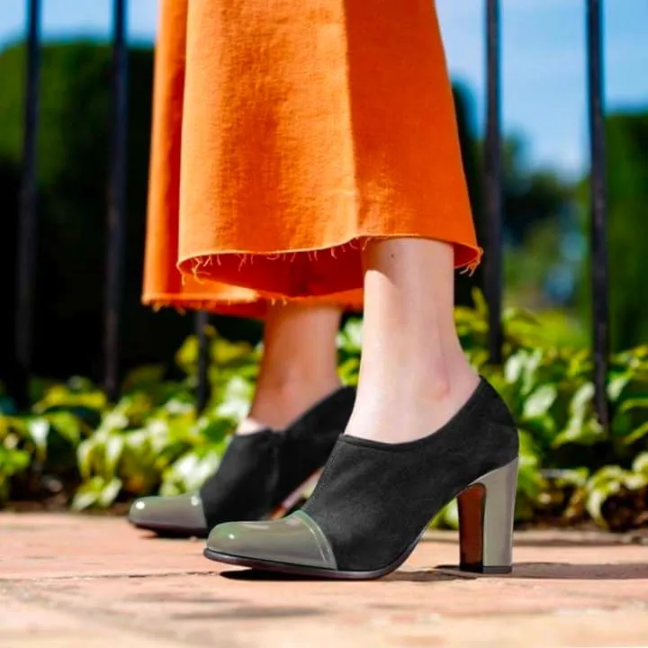 SHODENSE Women Chunky Heel Loafer Pumps Square Cap Toe Zipper Loafers Block Heels Two Tone Patent Suede 3 inch High Heeled Dress Loafers Slip On Comfort Vintage Office Party Casual 4-11 M US