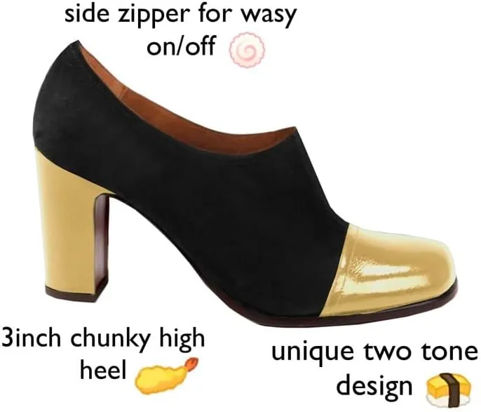 SHODENSE Women Chunky Heel Loafer Pumps Square Cap Toe Zipper Loafers Block Heels Two Tone Patent Suede 3 inch High Heeled Dress Loafers Slip On Comfort Vintage Office Party Casual 4-11 M US